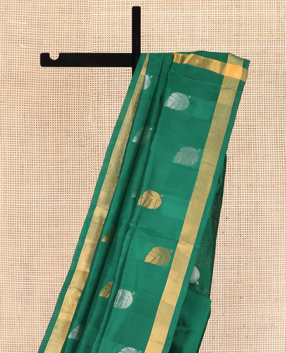 Green Uppada Silk Saree, Subtly Sparkled with Leaf Zari Buttas All Over Its Body, Subtle Bavanji Border, Pallu Steeped with Leaf Buttas, and Paired with a Matching Blouse - Image 3