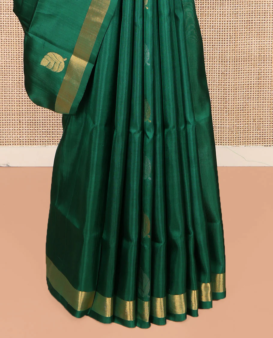 Green Uppada Silk Saree, Subtly Sparkled with Leaf Zari Buttas All Over Its Body, Subtle Bavanji Border, Pallu Steeped with Leaf Buttas, and Paired with a Matching Blouse - Image 4