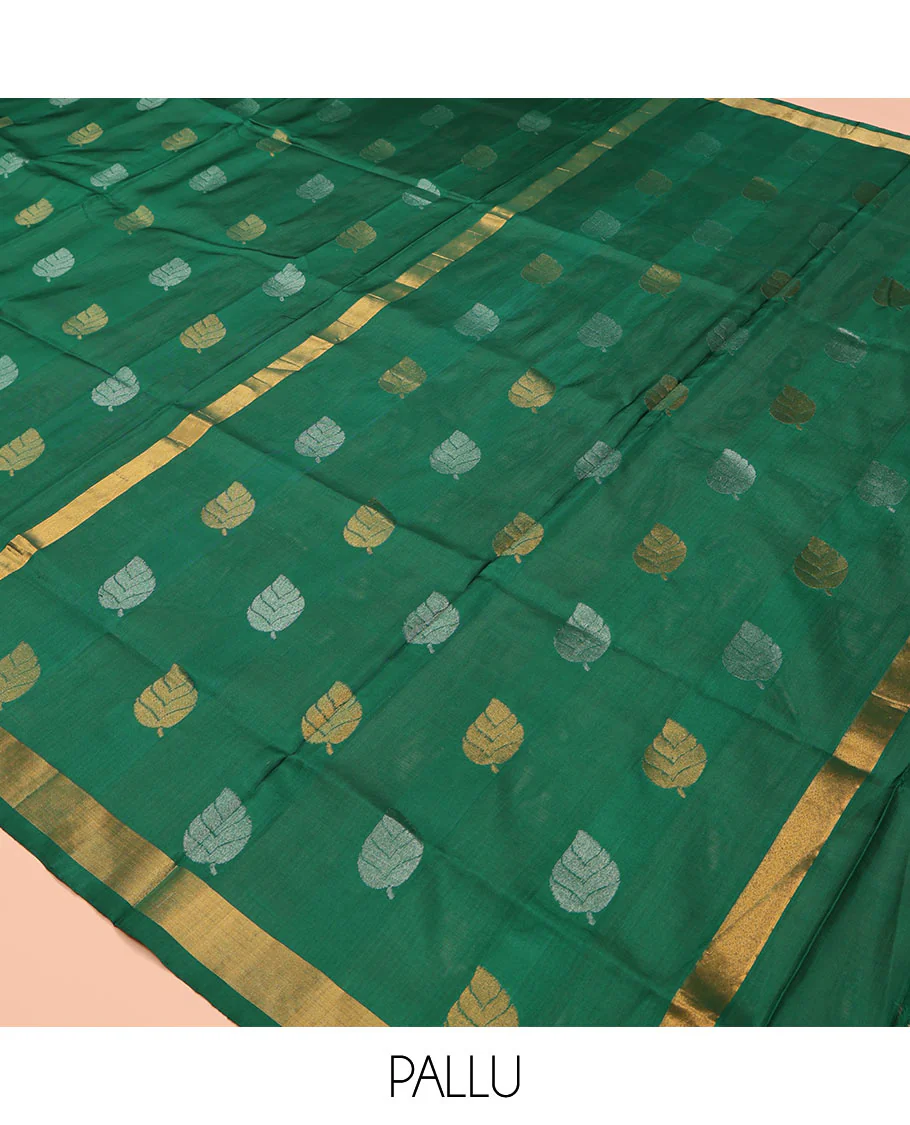 Green Uppada Silk Saree, Subtly Sparkled with Leaf Zari Buttas All Over Its Body, Subtle Bavanji Border, Pallu Steeped with Leaf Buttas, and Paired with a Matching Blouse - Image 5