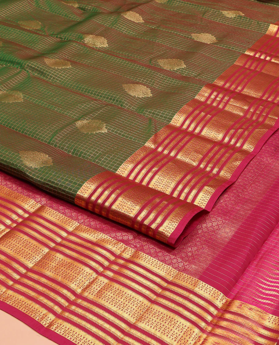 Green Vasundhara Lite Silk Mix Saree, Accentuated with Zari Buttas and Zari Checks on Its Body, Complemented by a Contrast Border of Poun, and Banaras Designs, Intricately Designed Pallu, and Paired with a Contrast Blouse - Image 2