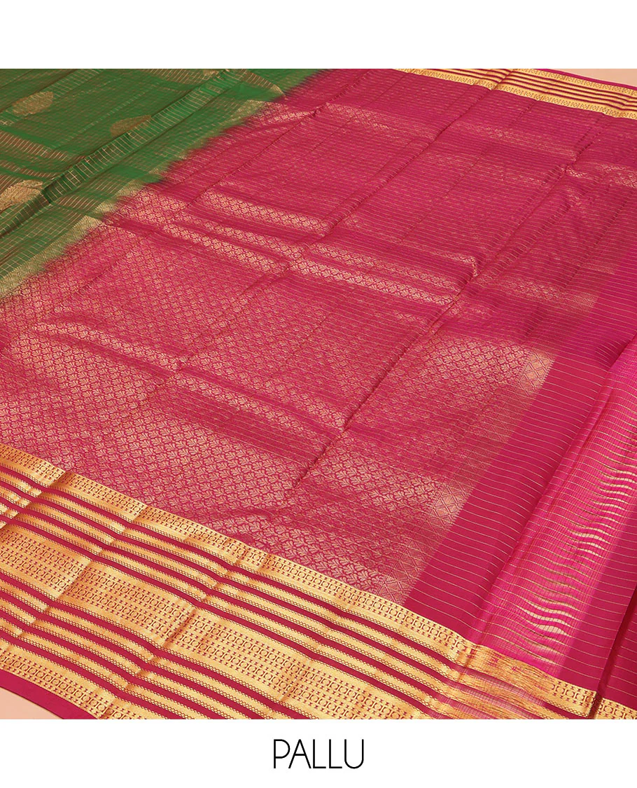Green Vasundhara Lite Silk Mix Saree, Accentuated with Zari Buttas and Zari Checks on Its Body, Complemented by a Contrast Border of Poun, and Banaras Designs, Intricately Designed Pallu, and Paired with a Contrast Blouse - Image 5