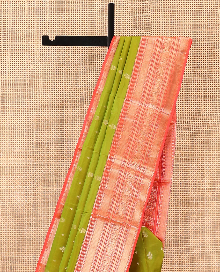 Green Vasundhara Lite Silk Mix Saree Accentuated with Zari Buttas, Complemented with a Contrast Border Featuring Manga, Muthu, Kamalam, Neli, Vanki, and Mayil Designs, a Grandly Zari-Decked-Up Pallu, and a Contrast Blouse - Image 3