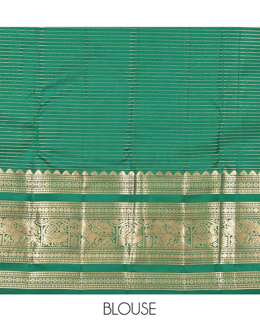Green Vasundhara Lite Silk Mix Saree, Adorned with Mayil-Chakram Buttas and Zari Checks On Its Body, Highlighted by Zari Border of Rekku, Rudraksham, Mayil, and Kuthirai Designs, Grand Jaal Pallu and Paired with a Matching Blouse - Image 6