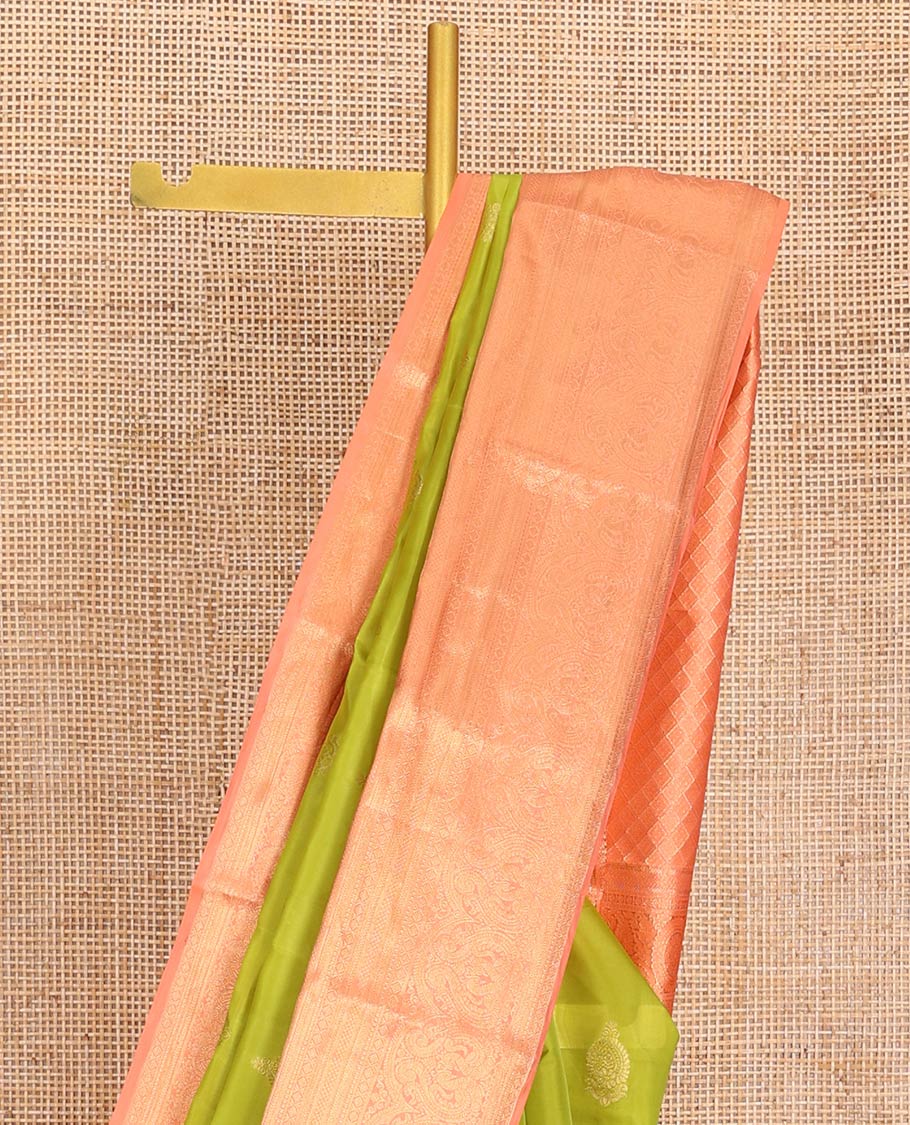Green Vasundhara Lite-Silk Mix Saree, Embellished with Zari Buttas on Its Body, Complemented by Contrast Border of Mayil Kann, Laddu Kamalam, and Mayil Designs, Gracefully Woven Pallu of Jaal Designs, and Paired with a Contrast Blouse - Image 2