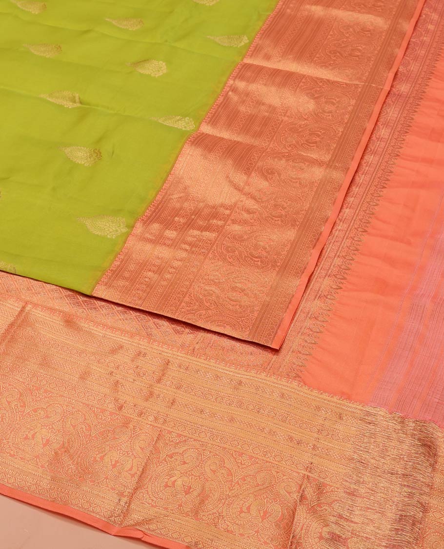 Green Vasundhara Lite-Silk Mix Saree, Embellished with Zari Buttas on Its Body, Complemented by Contrast Border of Mayil Kann, Laddu Kamalam, and Mayil Designs, Gracefully Woven Pallu of Jaal Designs, and Paired with a Contrast Blouse - Image 3