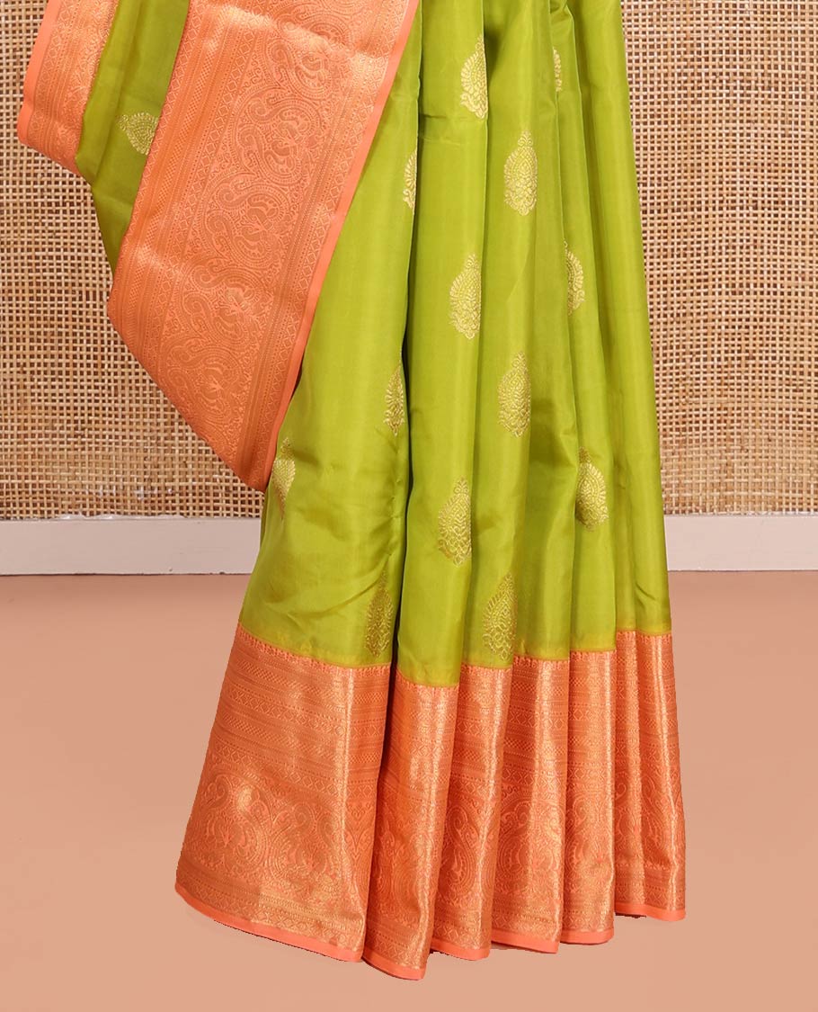 Green Vasundhara Lite-Silk Mix Saree, Embellished with Zari Buttas on Its Body, Complemented by Contrast Border of Mayil Kann, Laddu Kamalam, and Mayil Designs, Gracefully Woven Pallu of Jaal Designs, and Paired with a Contrast Blouse - Image 4