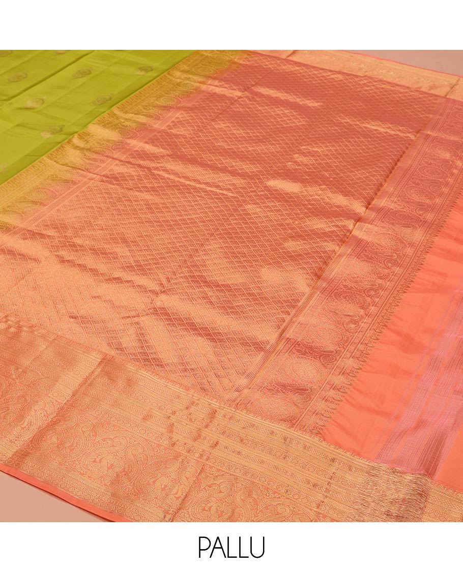 Green Vasundhara Lite-Silk Mix Saree, Embellished with Zari Buttas on Its Body, Complemented by Contrast Border of Mayil Kann, Laddu Kamalam, and Mayil Designs, Gracefully Woven Pallu of Jaal Designs, and Paired with a Contrast Blouse - Image 5