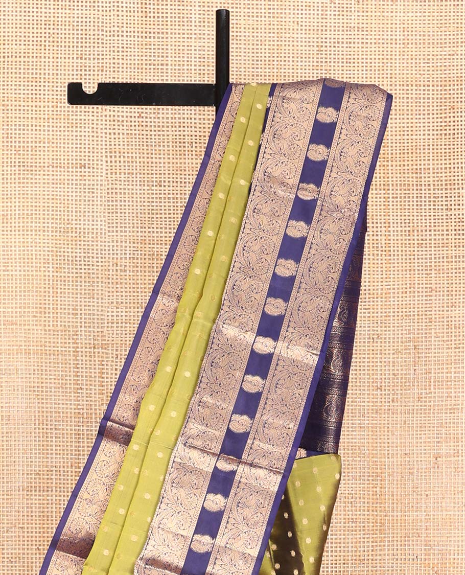 Green Vasundhara Lite Silk Mix Saree, Prettified with Zari Buttas All Over Its Body, Complemented by a Contrast Border Steeped with Mayil Designs, Pallu Steeped with Mayil Designs, and Paired with a Contrast Blouse - Image 3