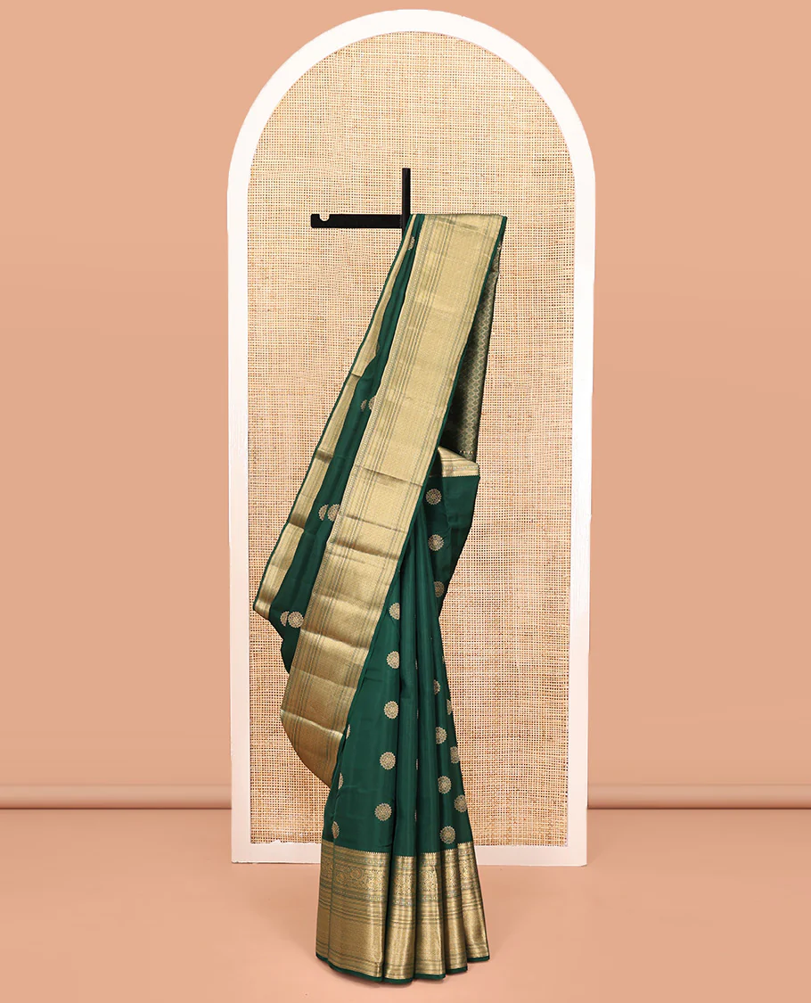 Green Vasundhara Lite Silk Mix Saree, Spotlighted with Zari Buttas On Its Body, Highlighted by Zari Border of Rekku, Kamalam, Mayil, and Jaal Designs, Intricate Pallu and Paired with a Matching Blouse