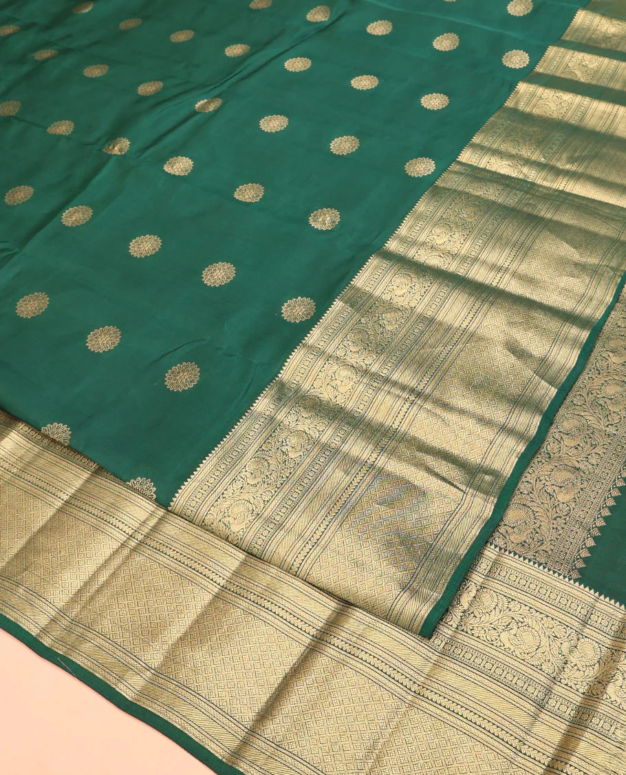 Green Vasundhara Lite Silk Mix Saree, Spotlighted with Zari Buttas On Its Body, Highlighted by Zari Border of Rekku, Kamalam, Mayil, and Jaal Designs, Intricate Pallu and Paired with a Matching Blouse - Image 2