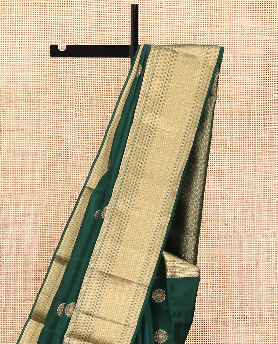 Green Vasundhara Lite Silk Mix Saree, Spotlighted with Zari Buttas On Its Body, Highlighted by Zari Border of Rekku, Kamalam, Mayil, and Jaal Designs, Intricate Pallu and Paired with a Matching Blouse - Image 3