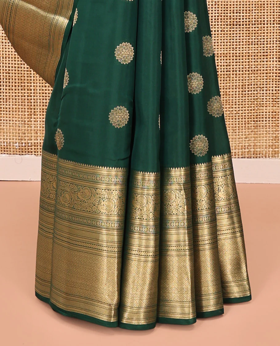 Green Vasundhara Lite Silk Mix Saree, Spotlighted with Zari Buttas On Its Body, Highlighted by Zari Border of Rekku, Kamalam, Mayil, and Jaal Designs, Intricate Pallu and Paired with a Matching Blouse - Image 4
