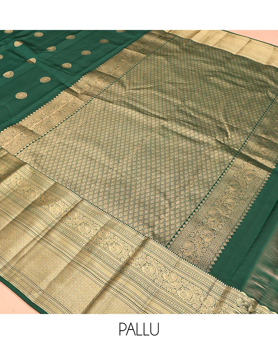 Green Vasundhara Lite Silk Mix Saree, Spotlighted with Zari Buttas On Its Body, Highlighted by Zari Border of Rekku, Kamalam, Mayil, and Jaal Designs, Intricate Pallu and Paired with a Matching Blouse - Image 5