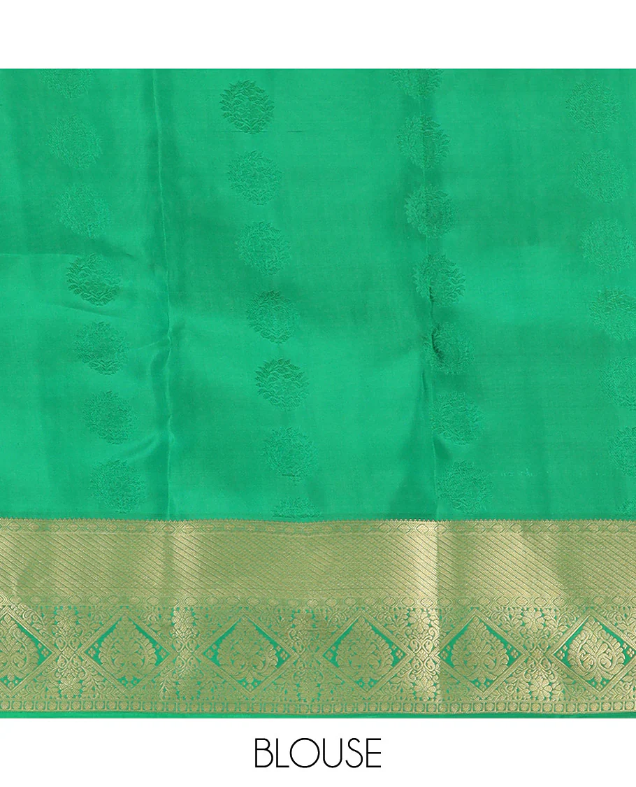 Green Vasundhara Lite Silk Mix Saree, Subtly Sparkled with Zari Buttas All Over Its Body, Complemented by Zari Border, Grand Pallu Steeped with Traditional Designs, and Paired with a Matching Blouse - Image 6