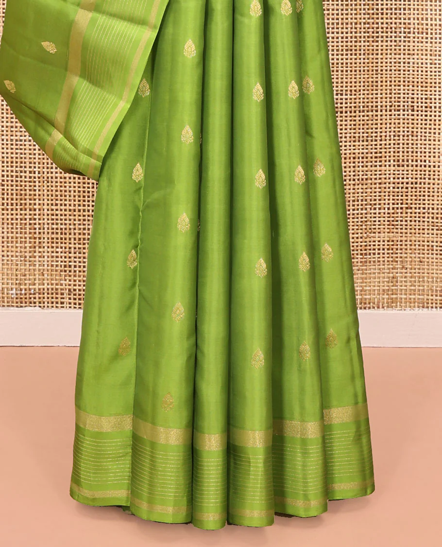 Green Vasundhara Lite Silk Mix Saree, Subtly Sparkled with Zari Buttas All Over Its Body, Highlighted by a Zari Striped Border, Jaal-Patterned Pallu, and Paired with a Matching Blouse - Image 4