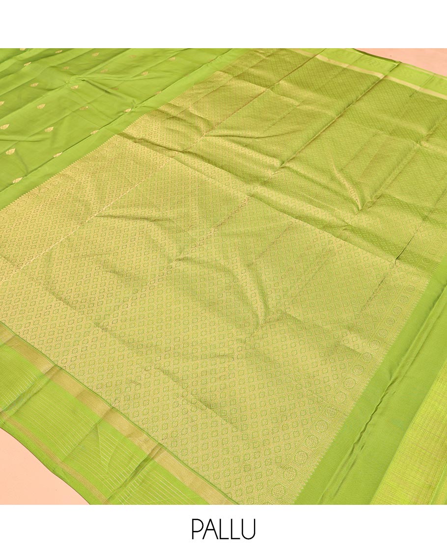 Green Vasundhara Lite Silk Mix Saree, Subtly Sparkled with Zari Buttas All Over Its Body, Highlighted by a Zari Striped Border, Jaal-Patterned Pallu, and Paired with a Matching Blouse - Image 5