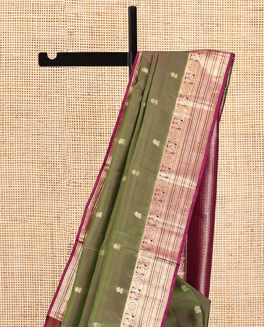 Green Vasundhara Silk Saree, Crafted with Zari Buttas All Over Its Body, Complemented by a Contrast Border of Rekku, Chakram, Neli, and Banaras Designs, Intricately Designed Pallu, and Paired with a Contrast Blouse - Image 3