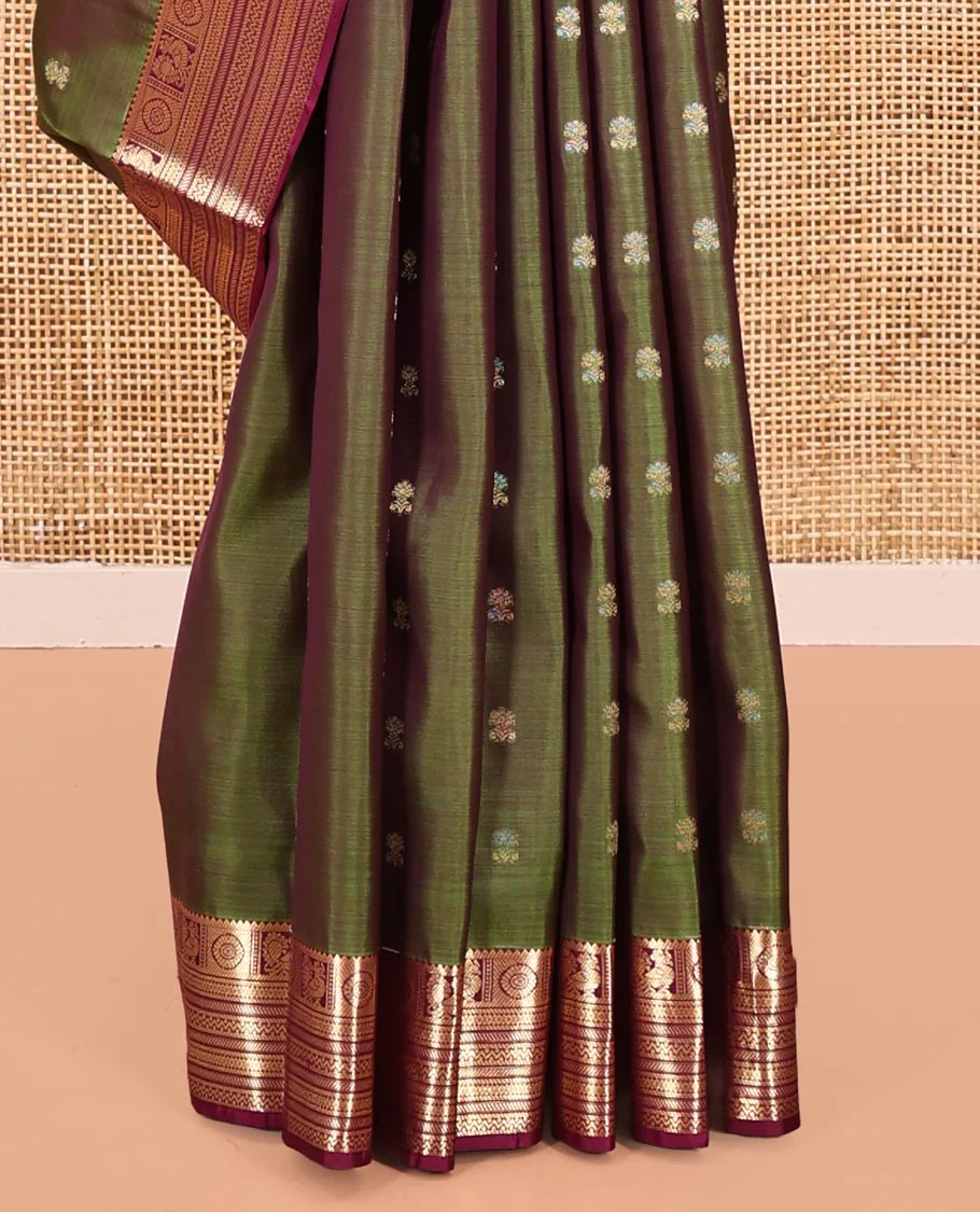 Green Vasundhara Silk Saree, Crafted with Zari Buttas All Over Its Body, Complemented by a Contrast Border of Rekku, Chakram, Neli, and Banaras Designs, Intricately Designed Pallu, and Paired with a Contrast Blouse - Image 4