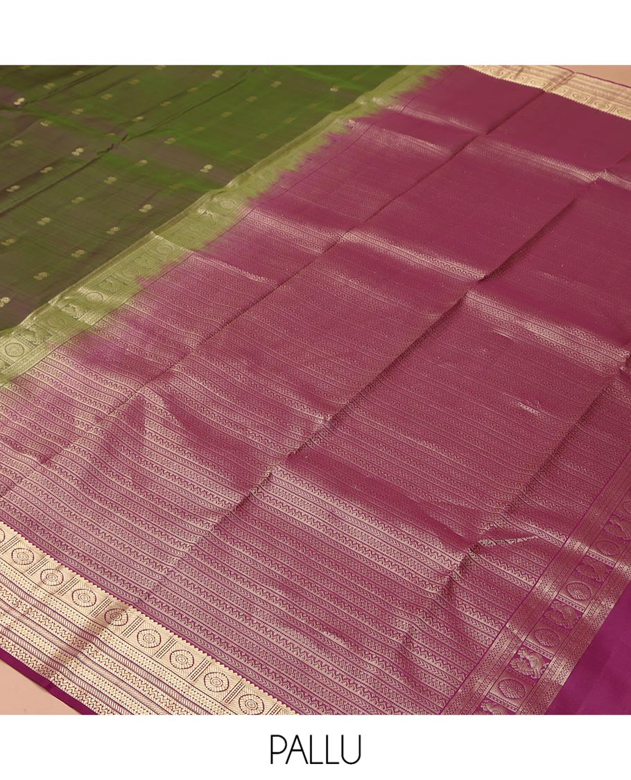Green Vasundhara Silk Saree, Crafted with Zari Buttas All Over Its Body, Complemented by a Contrast Border of Rekku, Chakram, Neli, and Banaras Designs, Intricately Designed Pallu, and Paired with a Contrast Blouse - Image 5