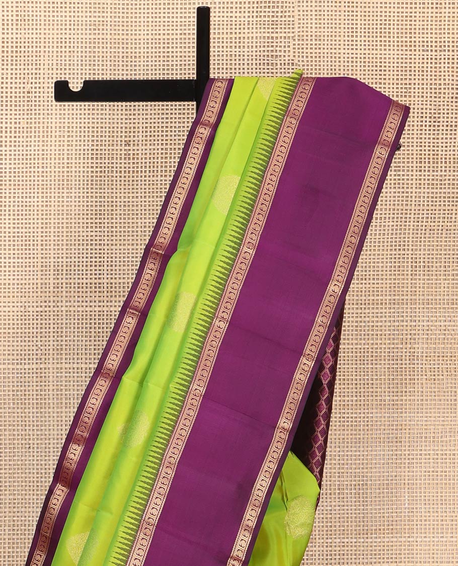 Green Vasundhara Silk Saree, Delicately Woven with Zari Buttas All Over Its Body, Complemented by a Contrast Rettai Pettu Temple Border of Banaras, and Manga Designs, Grand Jaal Pallu, and Paired with a Contrast Blouse - Image 3