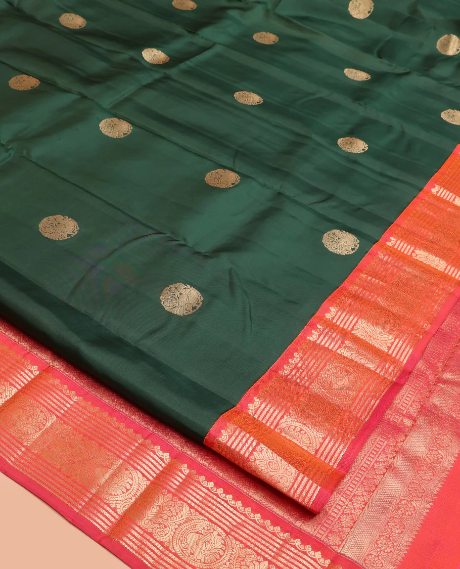 Green Vasundhara Silk Saree, Elevated with Mayil Zari Buttas All Over Its Body, Complemented by a Contrast Border of Thilakam Mokku, Kathir, and Round Mayil Designs, Grand Jaal Pallu, and Paired with a Contrast Blouse - Image 5