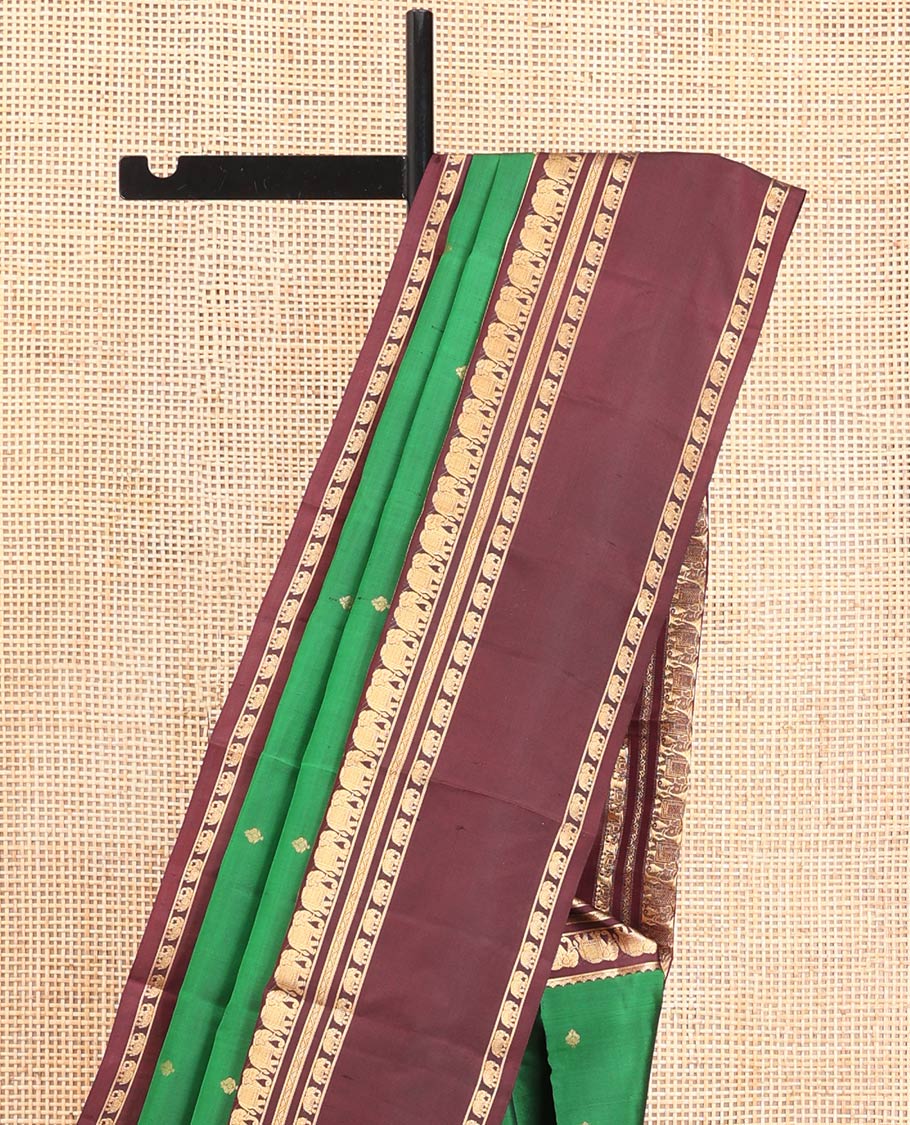 Green Vasundhara Silk Saree, Elevated with Zari Buttas All Over Its Body, Complemented by a Contrast Rettai Pettu Border of Yaanai Designs, Grand Jaal Pallu, and Paired with a Contrast Blouse - Image 3