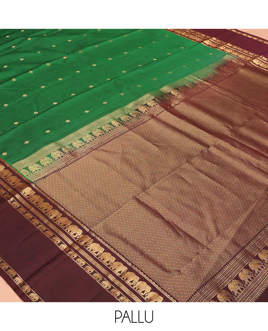 Green Vasundhara Silk Saree, Elevated with Zari Buttas All Over Its Body, Complemented by a Contrast Rettai Pettu Border of Yaanai Designs, Grand Jaal Pallu, and Paired with a Contrast Blouse - Image 5