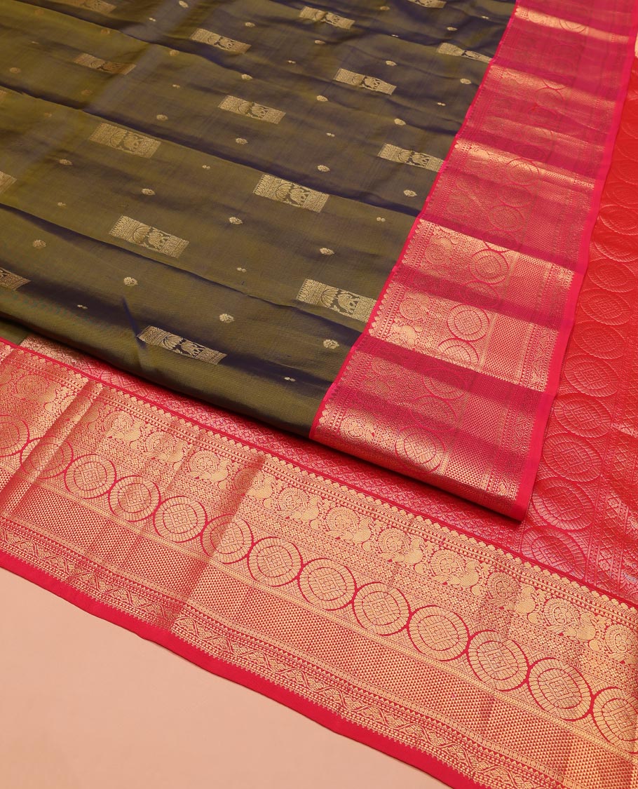 Green Vasundhara Silk Saree, Elevated with Zari Buttas on Its Body, Complemented by a Contrast Border of Thilakam Mokku, Muthu, Ara Maadam, Paisa, Kodi Visiry, and Annam Chakram Designs, Grandly Zari-Woven Pallu, and Paired with a Contrast Blouse - Image 2