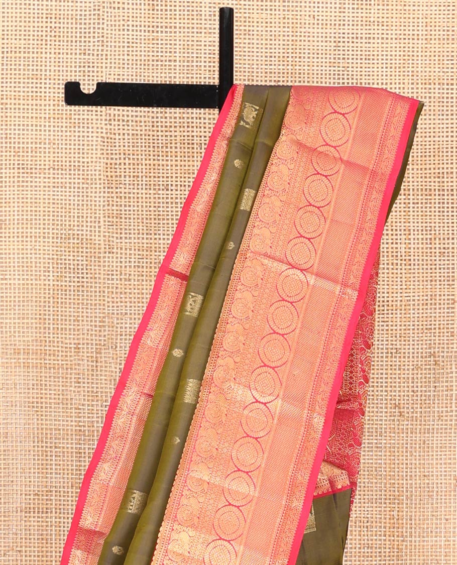 Green Vasundhara Silk Saree, Elevated with Zari Buttas on Its Body, Complemented by a Contrast Border of Thilakam Mokku, Muthu, Ara Maadam, Paisa, Kodi Visiry, and Annam Chakram Designs, Grandly Zari-Woven Pallu, and Paired with a Contrast Blouse - Image 3