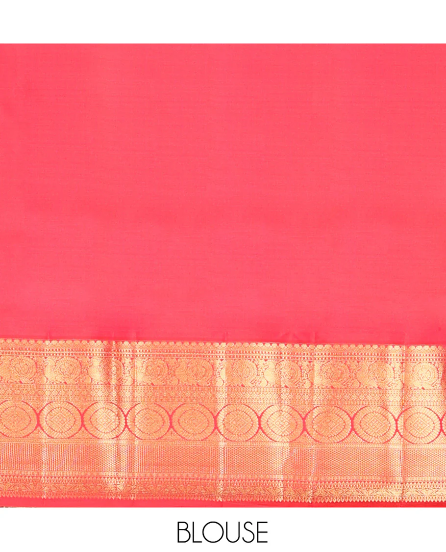 Green Vasundhara Silk Saree, Elevated with Zari Buttas on Its Body, Complemented by a Contrast Border of Thilakam Mokku, Muthu, Ara Maadam, Paisa, Kodi Visiry, and Annam Chakram Designs, Grandly Zari-Woven Pallu, and Paired with a Contrast Blouse - Image 6