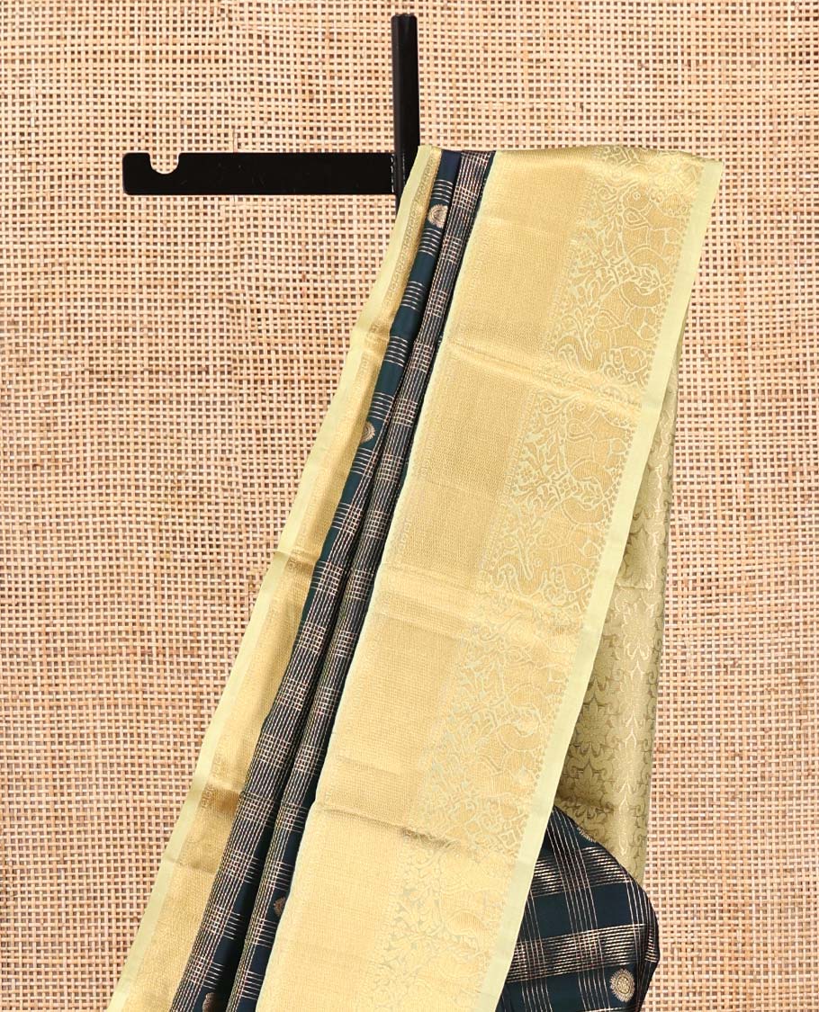 Green Vasundhara Silk Saree, Enriched with Zari Butta Enclosed Checked All Over Its Body, Complemented by a Contrast Border of Yaanai Designs, Intricately Designed Pallu, and Paired with a Contrast Blouse - Image 3