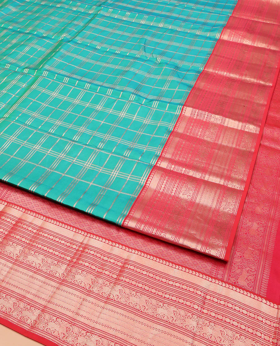 Green Vasundhara Silk Saree, Enriched with Zari Checked Designs All Over Its Body, Complemented by a Contrast Border of Manga, Muthu, Banaras, Rudraksham, and Yaali Designs, Grand Jaal Pallu, and Paired with a Contrast Blouse - Image 2