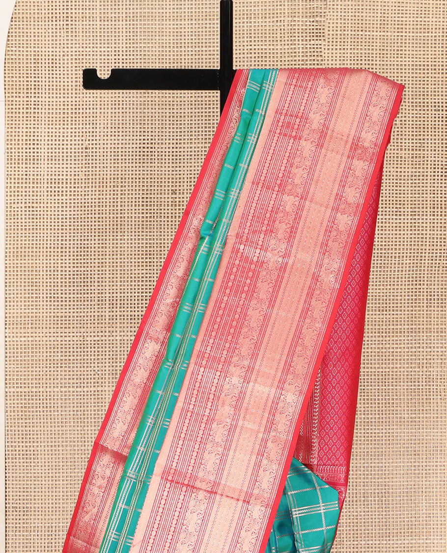 Green Vasundhara Silk Saree, Enriched with Zari Checked Designs All Over Its Body, Complemented by a Contrast Border of Manga, Muthu, Banaras, Rudraksham, and Yaali Designs, Grand Jaal Pallu, and Paired with a Contrast Blouse - Image 3