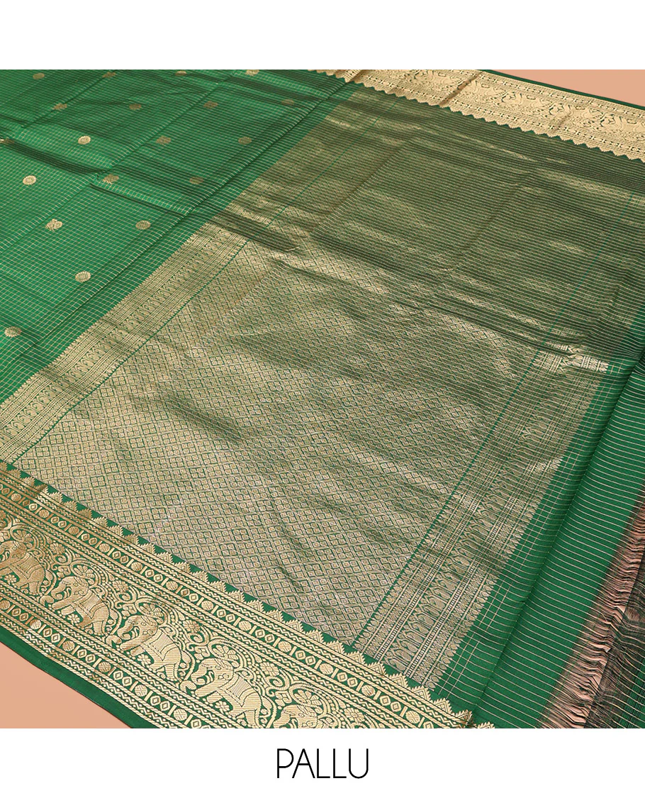Green Vasundhara Silk Saree Gleamed Up with Zari Checks and Annam Chakram Buttas, Complemented by a Zari Border of Thazampoo Rekku, Neli, Rudraksham, Diamond and Yaanai Designs, Zari Embellished Pallu of Jaal Designs, and Paired with a Matching Blouse - Image 5