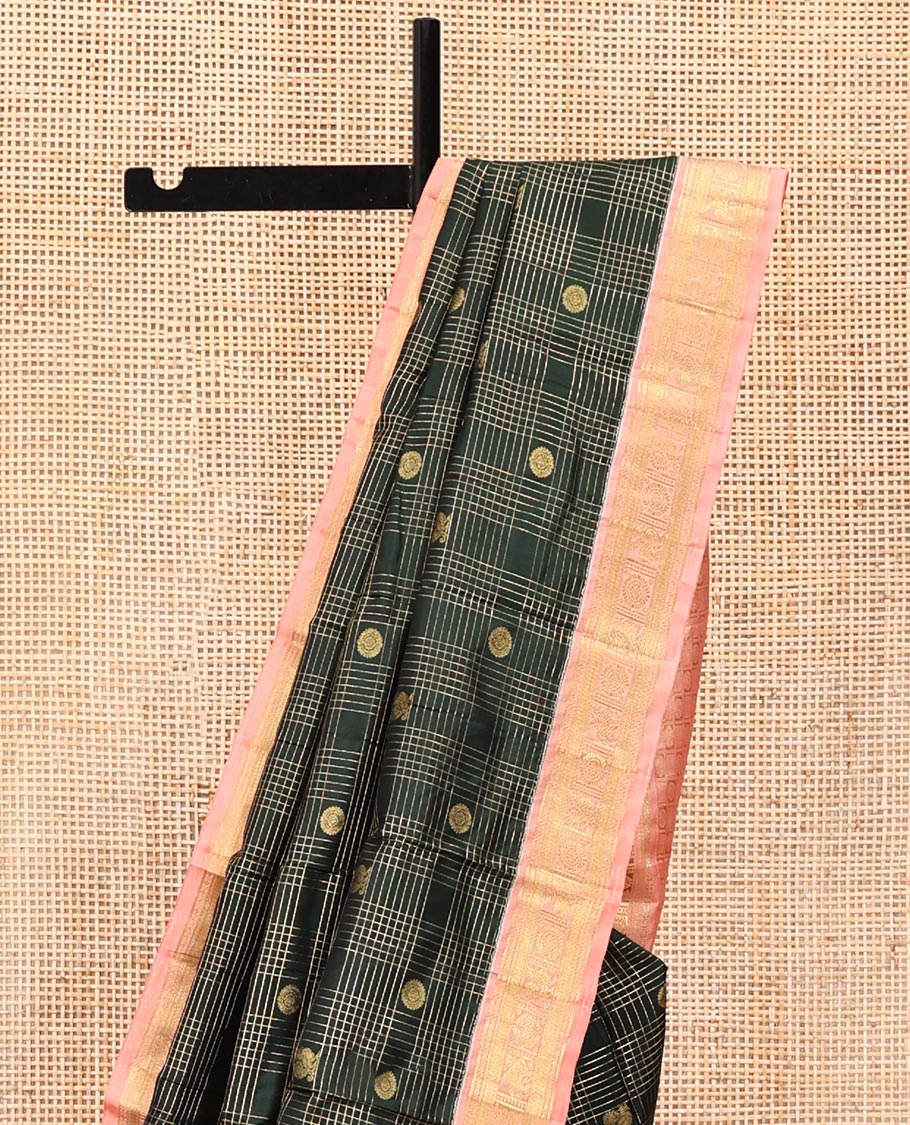 Green Vasundhara Silk Saree, Gracefully Embellished with Zari Butta Enclosed Checks All Over Its Body, Complemented by a Contrast Border of Banaras, Vanki, and Mayil Designs, Grand Pallu, and Paired with a Contrast Blouse - Image 3