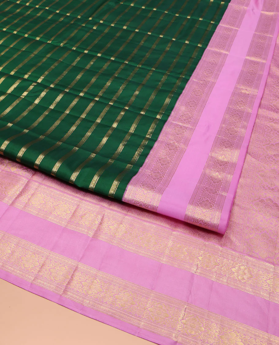 Green Vasundhara Silk Saree, Gracefully Embellished with Zari Stripes All Over Its Body, Complemented by Contrast Rettai Pettu Traditional Zari Design Border, Intricately Designed Pallu, and Paired with a Contrast Blouse - Image 2