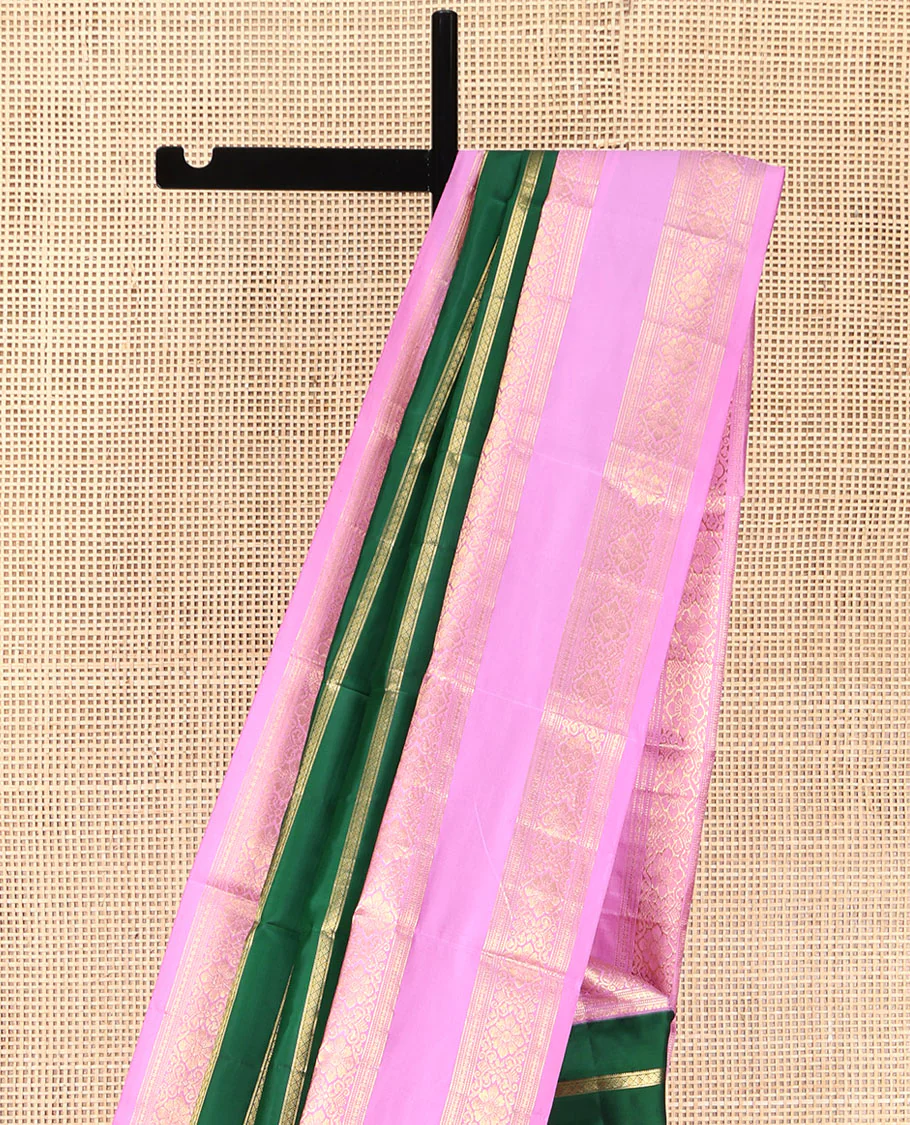 Green Vasundhara Silk Saree, Gracefully Embellished with Zari Stripes All Over Its Body, Complemented by Contrast Rettai Pettu Traditional Zari Design Border, Intricately Designed Pallu, and Paired with a Contrast Blouse - Image 3
