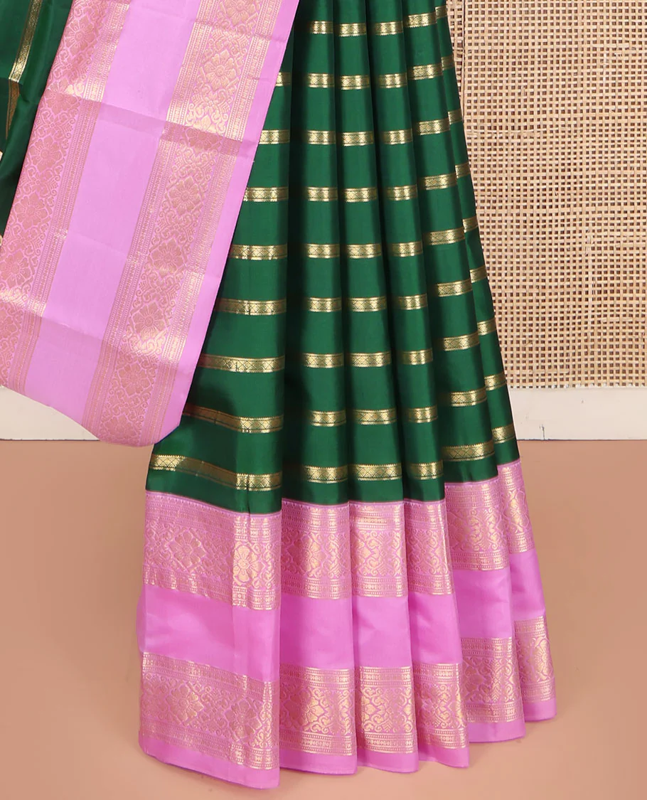 Green Vasundhara Silk Saree, Gracefully Embellished with Zari Stripes All Over Its Body, Complemented by Contrast Rettai Pettu Traditional Zari Design Border, Intricately Designed Pallu, and Paired with a Contrast Blouse - Image 4