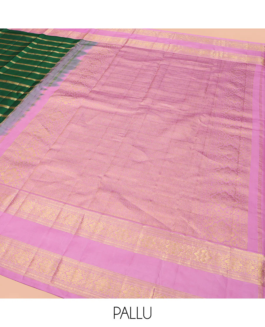Green Vasundhara Silk Saree, Gracefully Embellished with Zari Stripes All Over Its Body, Complemented by Contrast Rettai Pettu Traditional Zari Design Border, Intricately Designed Pallu, and Paired with a Contrast Blouse - Image 5