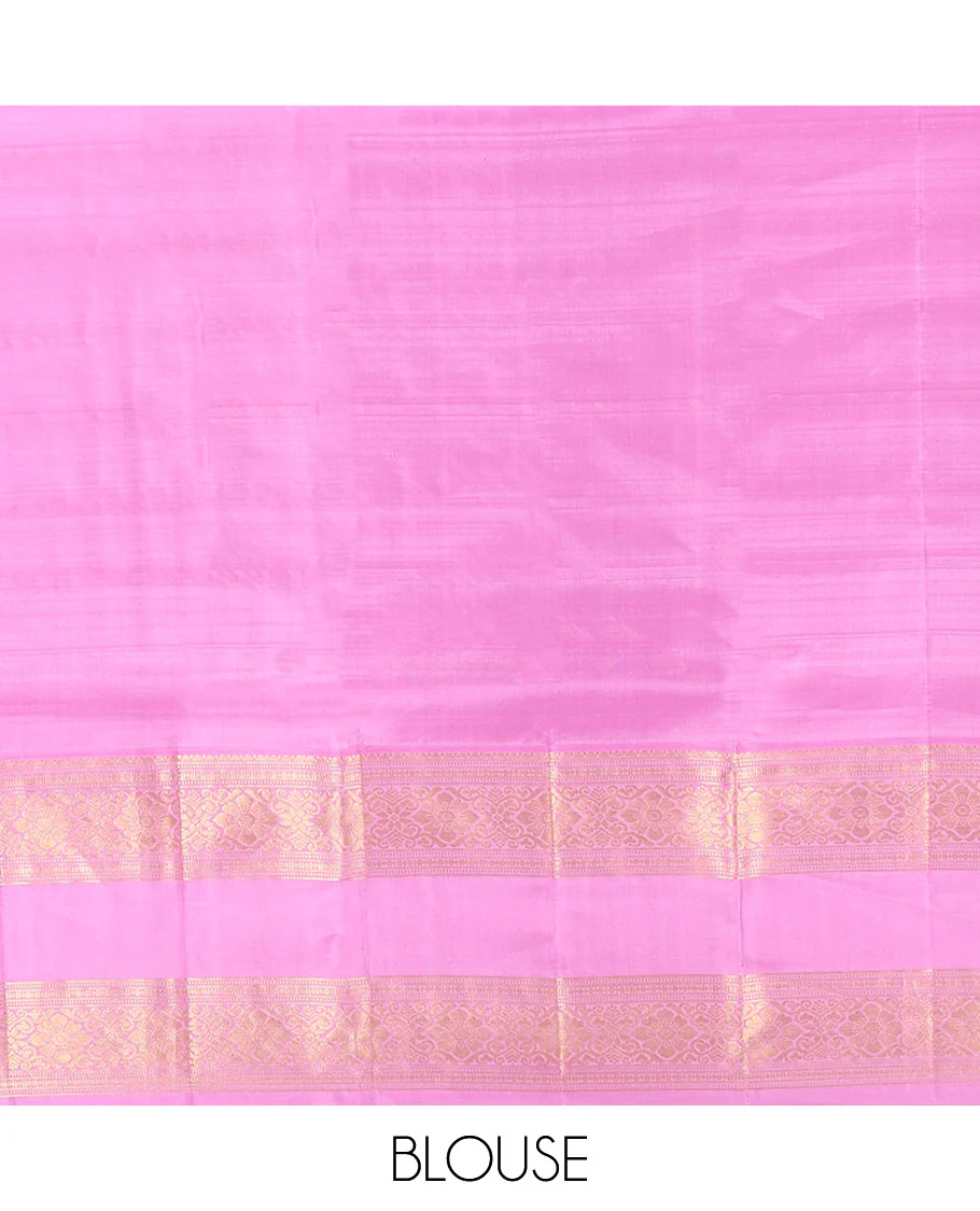 Green Vasundhara Silk Saree, Gracefully Embellished with Zari Stripes All Over Its Body, Complemented by Contrast Rettai Pettu Traditional Zari Design Border, Intricately Designed Pallu, and Paired with a Contrast Blouse - Image 6