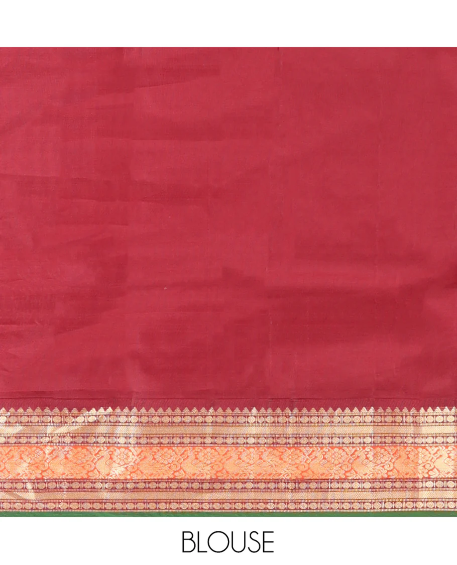 Green Vasundhara Silk Saree, Sparsely Woven with Zari Buttas All Over Its Body, Complemented by a Contrast Border of Rekku, Poun, Kathir, and Mayil Designs, Pallu Steeped with the Same Border Designs, and Paired with a Contrast Blouse - Image 6