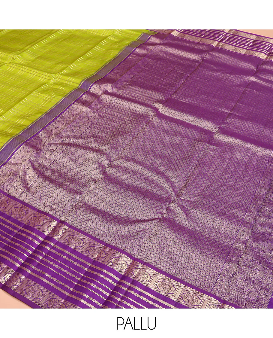 Green Vasundhara Silk Saree, Spotlighted with Zari Checked Design All Over Its Body, Complemented by a Contrast Varisai Pettu Border of Muthu, Poun, and Chakram Designs, Grandly Embellished Pallu of Jaal Designs, and Paired with a Contrast Blouse - Image 10