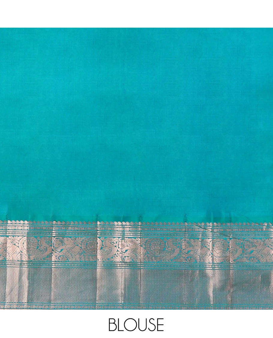 Green Vasundhara Silk Saree, Steeped in Richness of Zari Buttas and Checked Design on Its Body, Complemented by a Contrast Border of Manga, Floral, Mayil, Yaanai, and Ara Maadam Designs, Opulently Embellished Jaal Pallu, and Paired with a Contrast Blouse - Image 6
