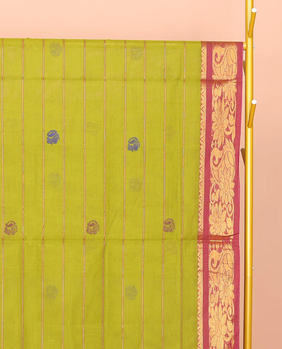 Green Venkatagiri Cotton Saree, Detailed with Peacock Buttas and Stripes, a Contrast Peacock Zari Border, Pallu of Buttas and Stripes, and No Blouse - Image 2