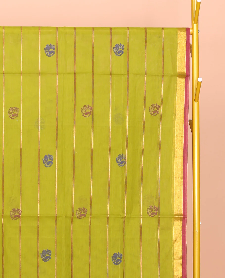 Green Venkatagiri Cotton Saree, Detailed with Peacock Buttas and Stripes, a Contrast Peacock Zari Border, Pallu of Buttas and Stripes, and No Blouse - Image 3