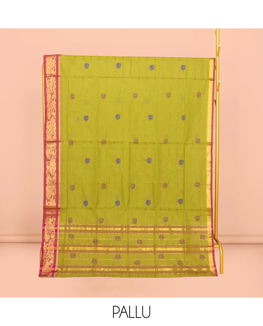 Green Venkatagiri Cotton Saree, Detailed with Peacock Buttas and Stripes, a Contrast Peacock Zari Border, Pallu of Buttas and Stripes, and No Blouse - Image 4