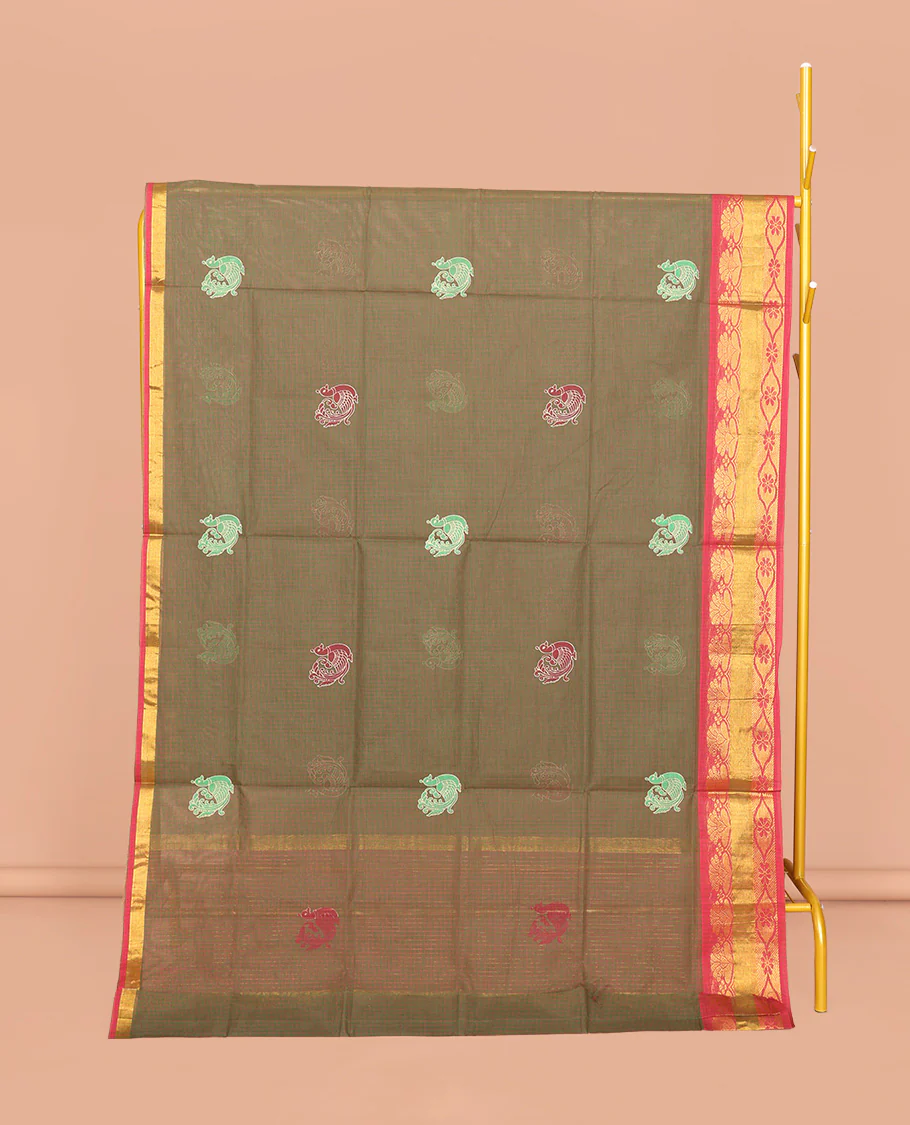 Green Venkatagiri Cotton Saree, Ornamented with Peacock Buttas and Checks, a Contrast Traditional Zari Border, Pallu of Stripes, and No Blouse