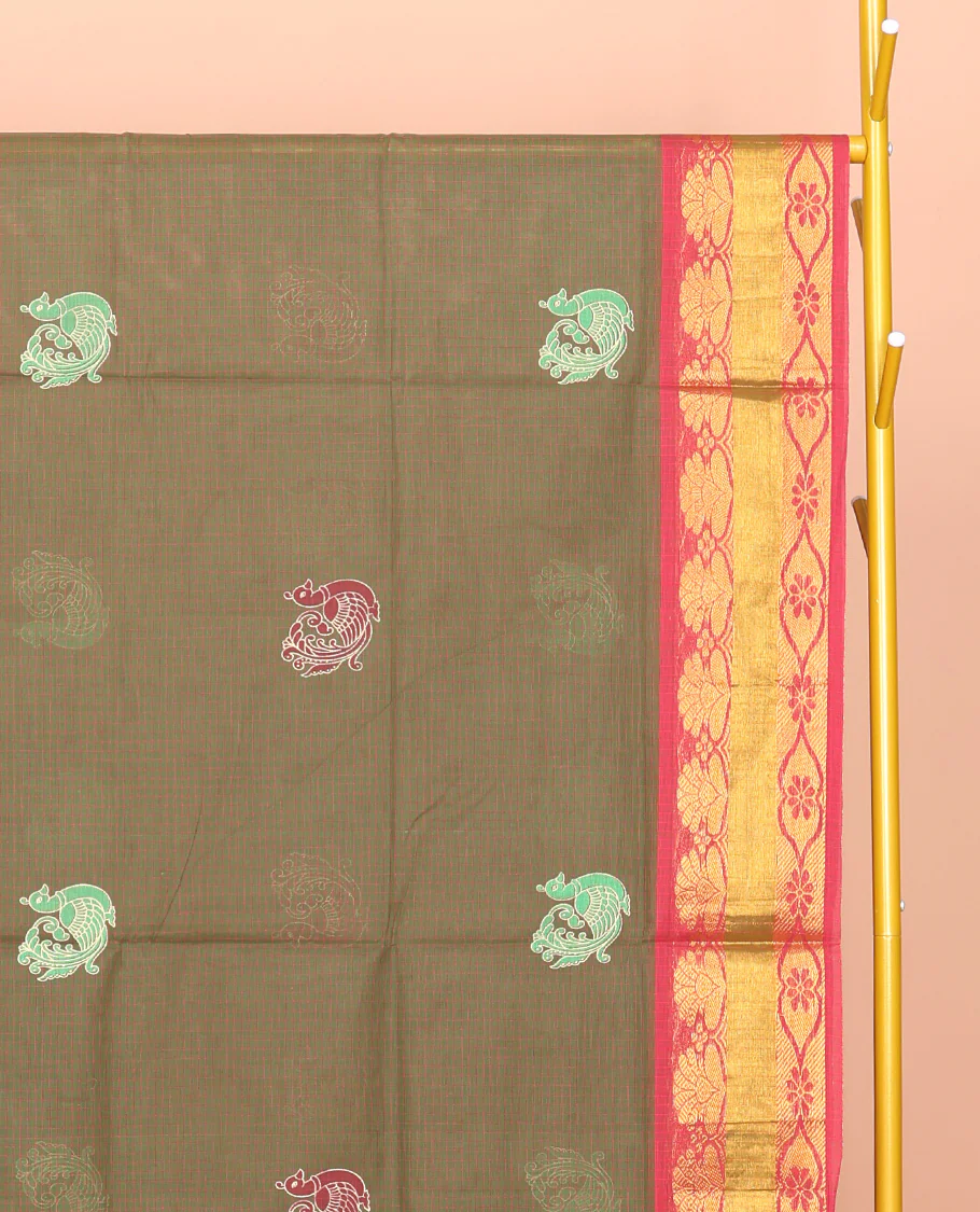Green Venkatagiri Cotton Saree, Ornamented with Peacock Buttas and Checks, a Contrast Traditional Zari Border, Pallu of Stripes, and No Blouse - Image 2