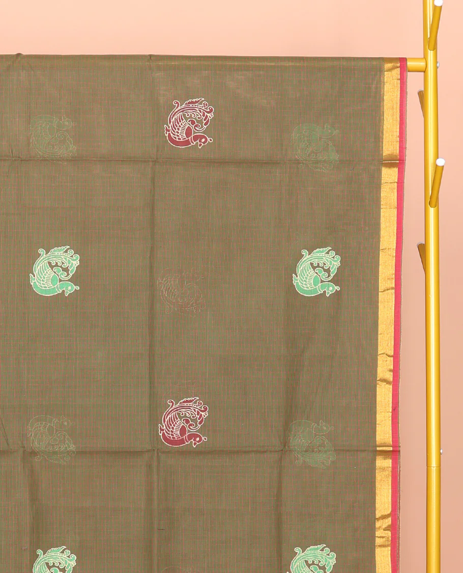 Green Venkatagiri Cotton Saree, Ornamented with Peacock Buttas and Checks, a Contrast Traditional Zari Border, Pallu of Stripes, and No Blouse - Image 3