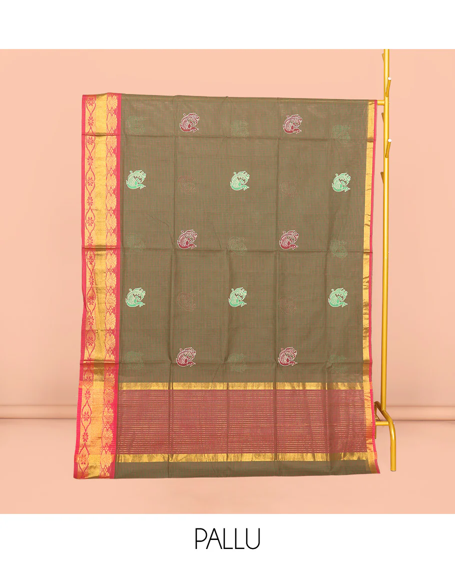 Green Venkatagiri Cotton Saree, Ornamented with Peacock Buttas and Checks, a Contrast Traditional Zari Border, Pallu of Stripes, and No Blouse - Image 4
